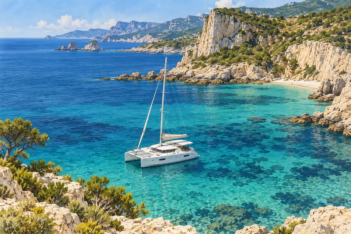 Illustration d’un catamaran au mouillage dans une crique méditerranéenne