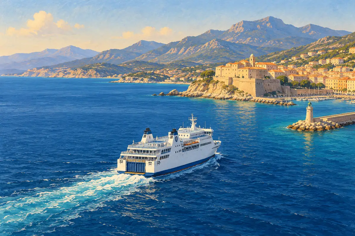 Illustration d’un ferry en Méditerranée à l’approche d’un port